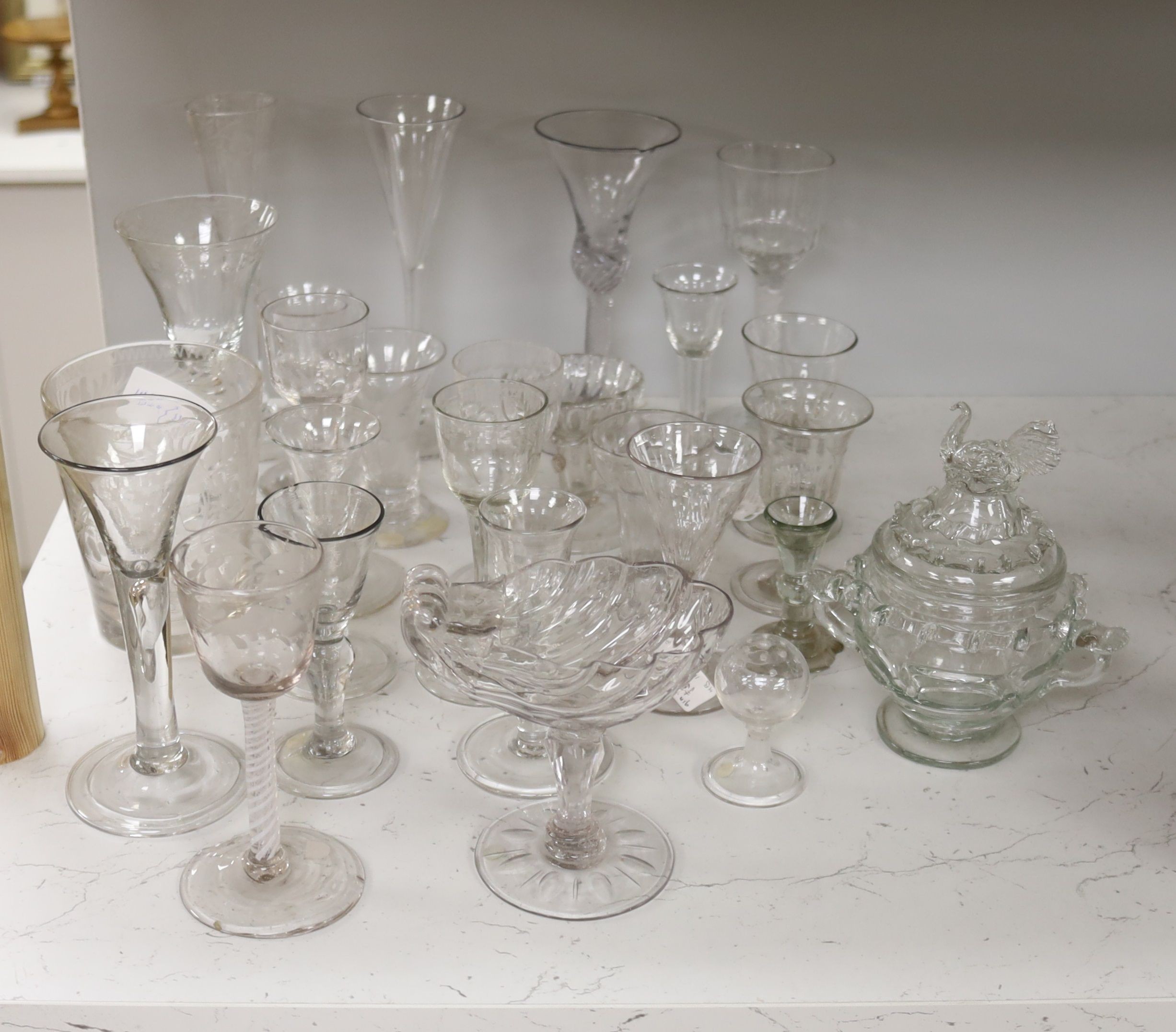 A collection of Georgian and later stem drinking glasses, ale glasses and other decorative glass wares